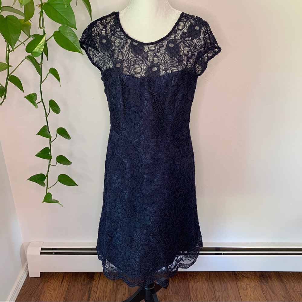 Monique Lhuillier Navy Fit and Flare Lace Dress.